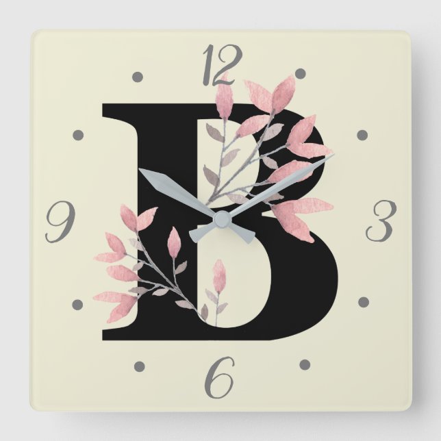 B Monogram with Pink Floral Sprays Square Wall Clock (Front)