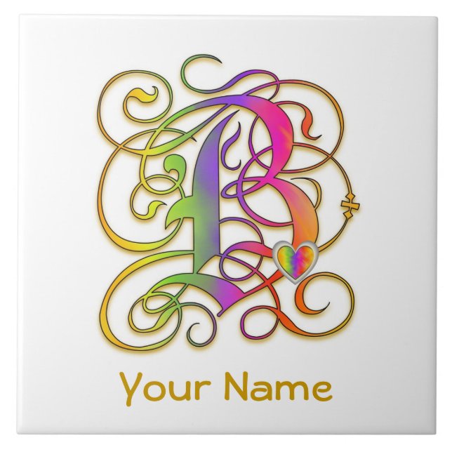 B Monogram Your Name "Gothic Rainbow" Ceramic Tile (Front)