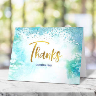 B’nai Mitzvah Gold Script on Turquoise Watercolor Thank You Card