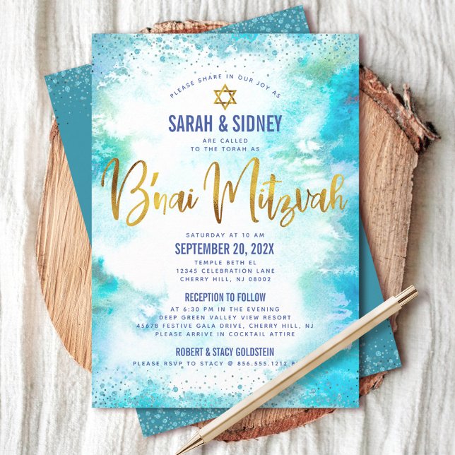 B’nai Mitzvah Gold Turquoise Watercolor 2 Venue Invitation (Creator Uploaded)