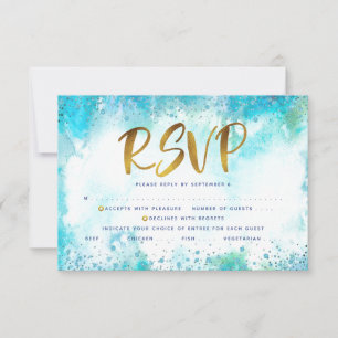 B’nai Mitzvah gold turquoise watercolor entrée RSVP Card