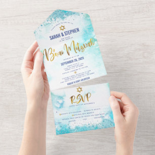 B’nai Mitzvah Turquoise Watercolor Gold Party Bold All In One Invitation