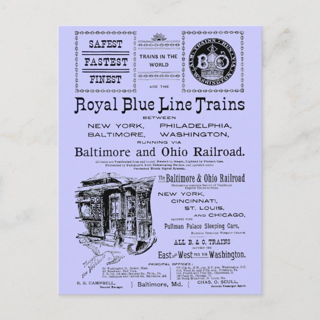 B+O Royal Blue Line Trains 1910 Postcard (Front)