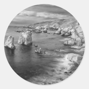B&W beach coastline, California Classic Round Sticker