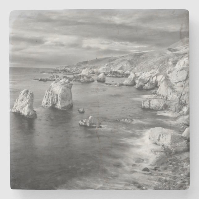 B&W beach coastline, California Stone Coaster (Front)