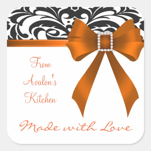 B&W Brocade Orange Bow Baking Stickers (Front)
