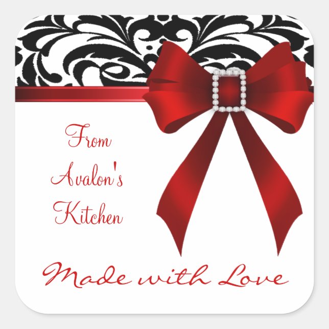 B&W Brocade Red Bow Baking Stickers (Front)