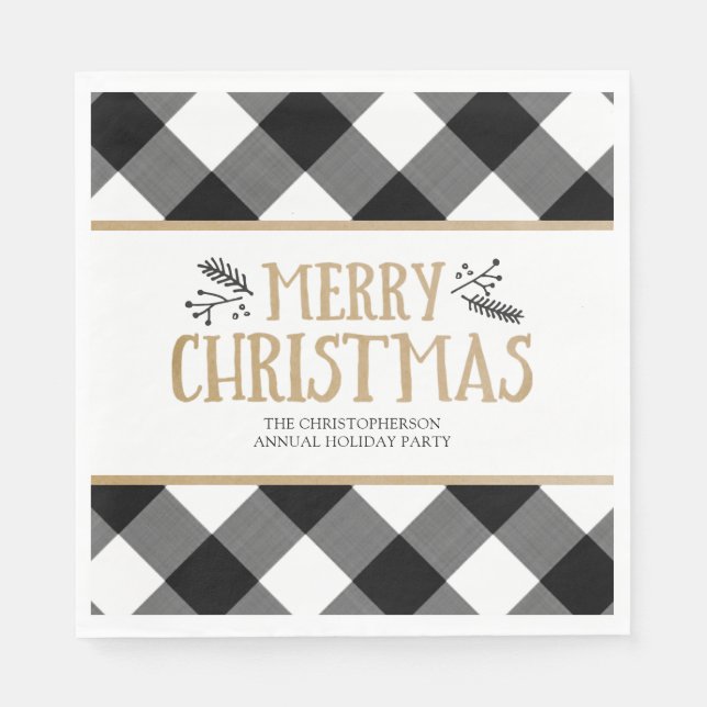 B&W Buffalo Check Brown Kraft Merry Christmas Napkin (Front)
