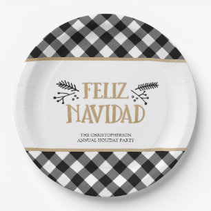 B&W Buffalo Check FELIZ NAVIDAD Personalised Paper Plate