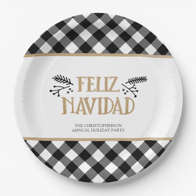 B&W Buffalo Check FELIZ NAVIDAD Personalised Paper Plate (Front)