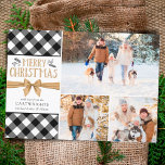 B&W Buffalo Check Gold Brown MERRY CHRISTMAS Holiday Card<br><div class="desc">Accent three photos with a black and white buffalo check plaid design, titled MERRY CHRISTMAS in a brown Kraft paper font with hand-drawn winter foliage and tied neatly with a gold brown bow. (PHOTO TIP: For fastest/best results, choose a photo with the subject in the middle and/or pre-crop it to...</div>