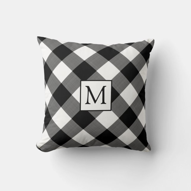 B&W Buffalo Check Plaid Monogram Cushion (Front)