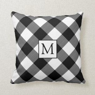 B&W Buffalo Check Plaid Monogram Cushion