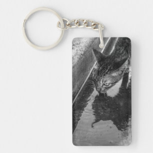 B&W - Cat Drinking Key Ring