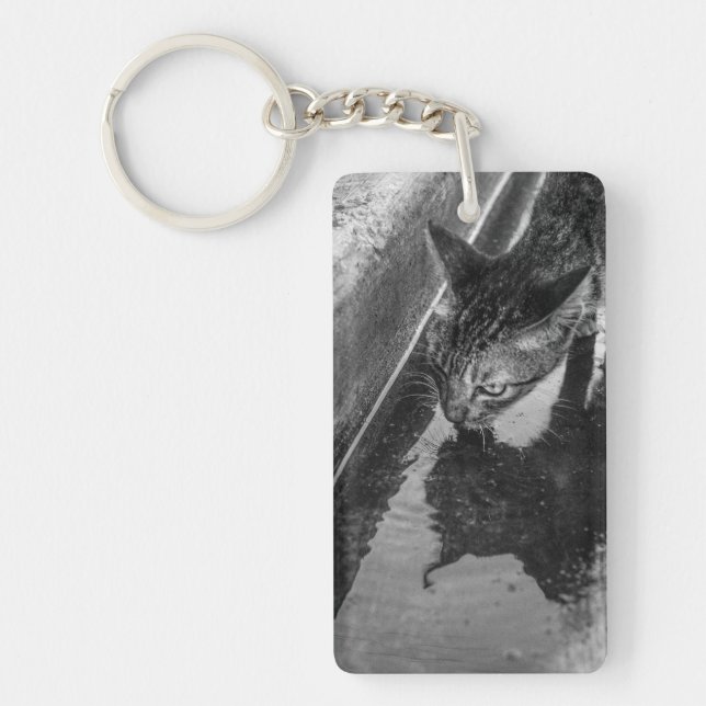 B&W - Cat Drinking Key Ring (Front)