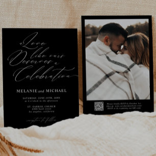 B & W Classic Script Calligraphy QR Code Wedding Invitation