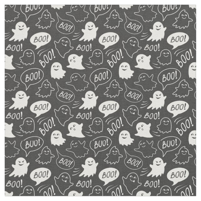 B&W Cute Doodle Halloween Pattern Fabric (Close Up)