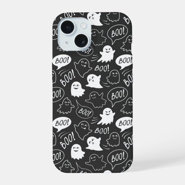 B&W Cute Doodle Halloween Pattern iPhone 15 Case (Back)