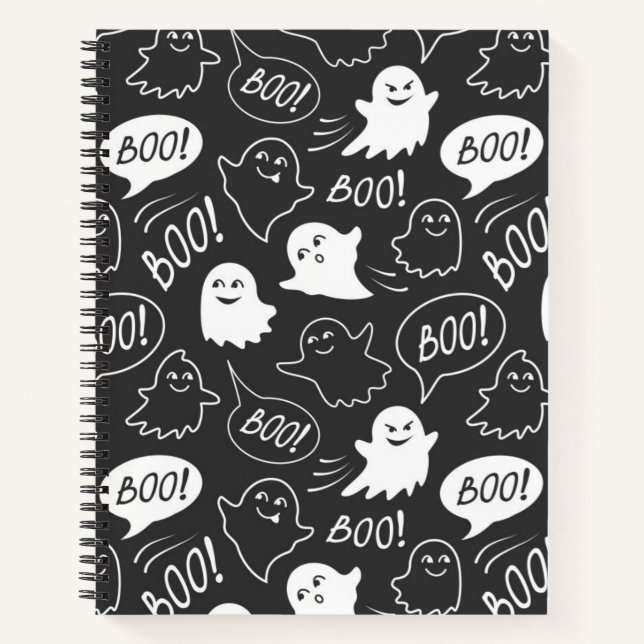 B&W Cute Doodle Halloween Pattern Notebook (Front)