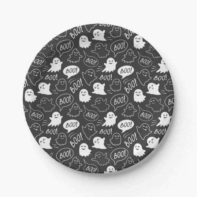 B&W Cute Doodle Halloween Pattern Paper Plate (Front)