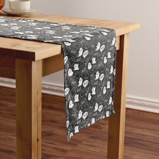 B&W Cute Doodle Halloween Pattern Short Table Runner (In Situ)