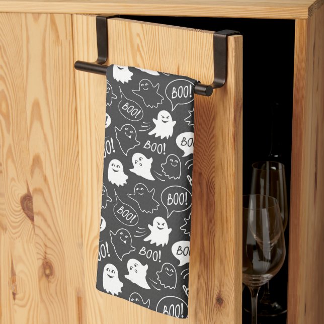 B&W Cute Doodle Halloween Pattern Tea Towel (Thirds Fold)