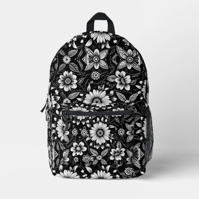 B&W Daisy Dose  Printed Backpack (Front)