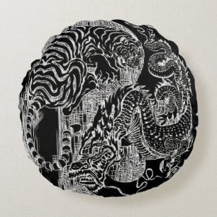 B&W Dragon Tiger Yin Yang Symbol Etch Round Cushion