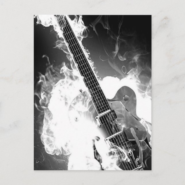 B&W Flaming Guitar Postcard (Front)
