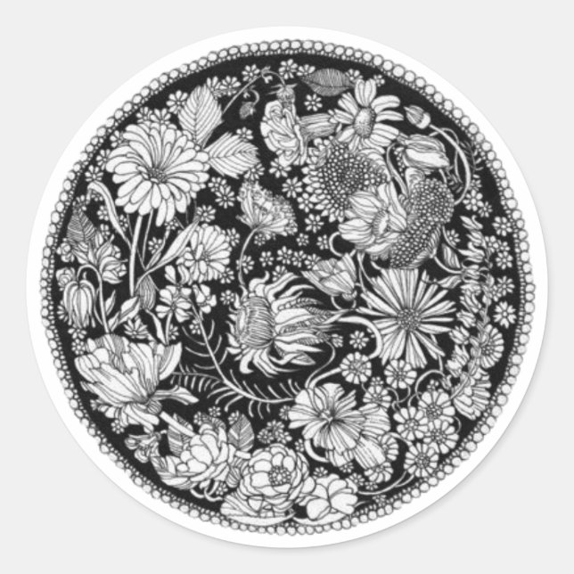 B&W Floral Classic Round Sticker (Front)
