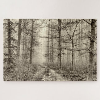 B&W Forest with morning fog behind the trees Jigsaw Puzzle