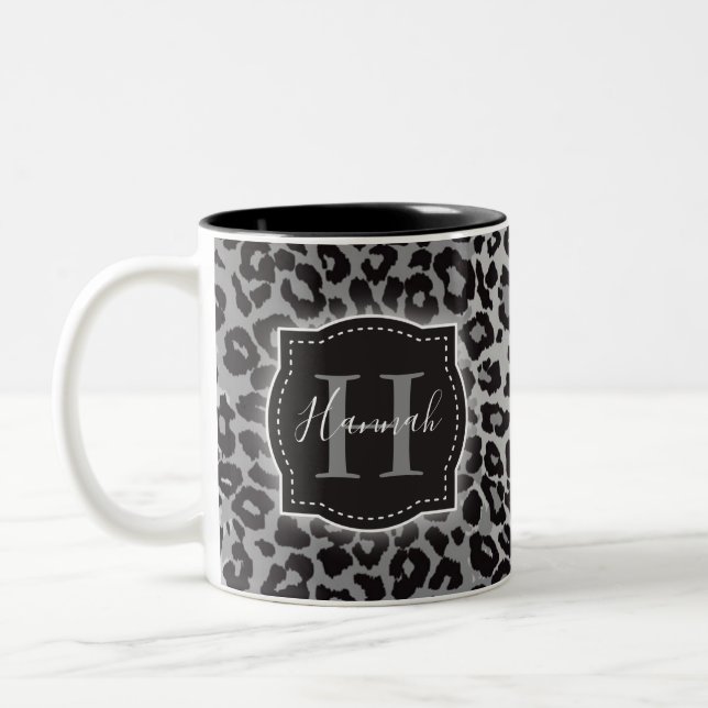 B & W Leopard Pattern w/ Custom Monogram & Name Two-Tone Coffee Mug (Left)