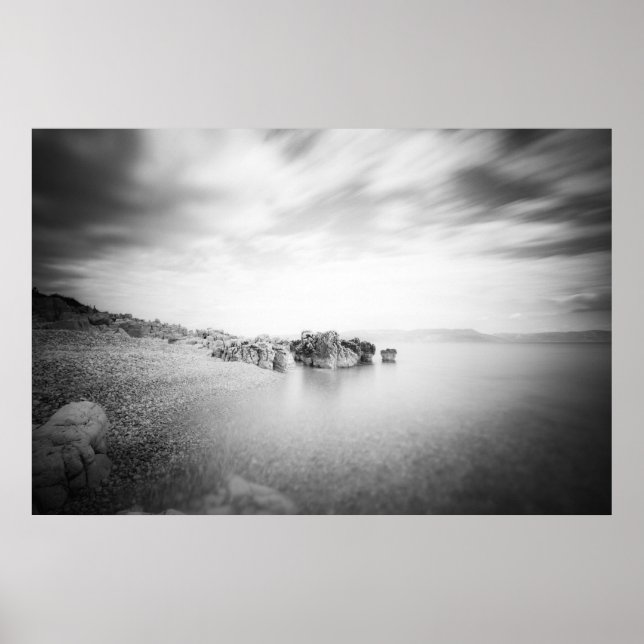 B&W long exposure of a beach in Rabac, Croatia Poster (Front)