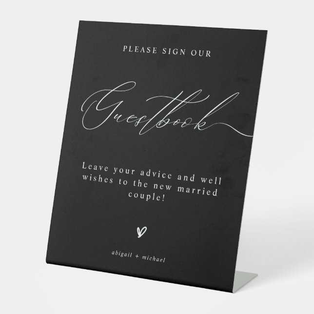 B & W Minimalist Elegant Script Wedding Guestbook Pedestal Sign (Front)