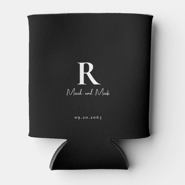 B/W Monogram & Couple Names Wedding Can Cooler (Front)
