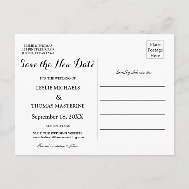 B&W Personalised Save the New Date Postcard (Back)