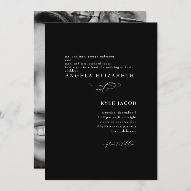 B/W Photo Elegant Black Wedding Invitation (Front/Back)