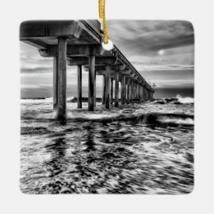 B&W pier at dawn, California Ceramic Tree Decoration