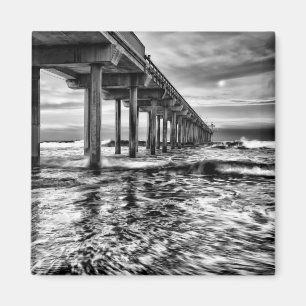 B&W pier at dawn, California Magnet