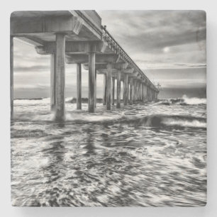 B&W pier at dawn, California Stone Coaster