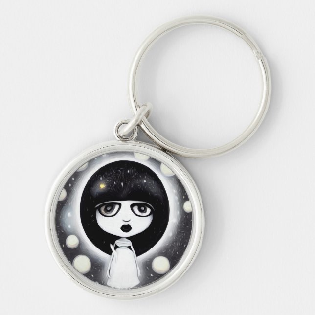 B&W Pop Surrealism Little Doll Key Ring (Front)