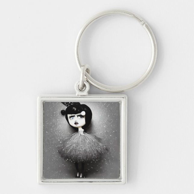 B&W Pop Surrealism Tutu Doll Key Ring (Front)
