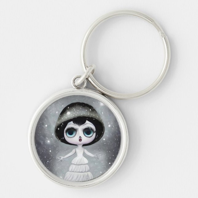 B&W Pop Surrealism White Dress Doll Key Ring (Front)