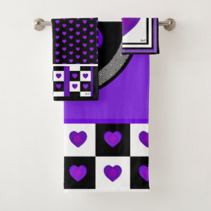 B&W Purple Hearts Beating Bath Towel Set