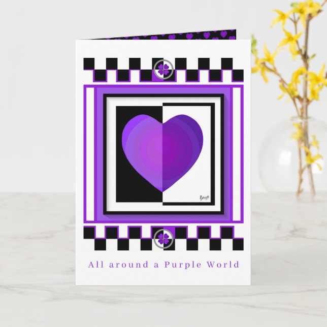 B&W Purple Hearts Beating blank card (Yellow Flower)