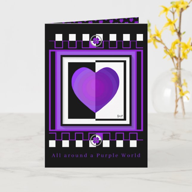 B&W Purple Hearts Beating blank card (Yellow Flower)