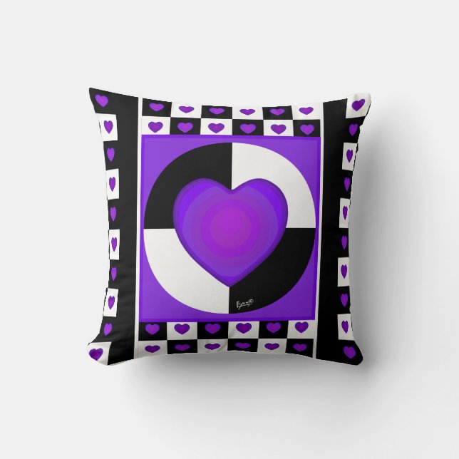 B&W Purple Hearts Beating Cushion (Front)