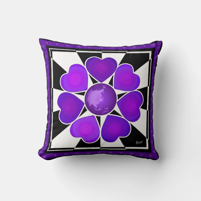 B&W Purple Hearts Beating Cushion (Front)