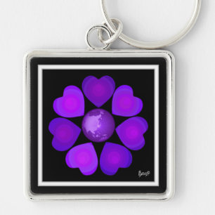 B&W Purple Hearts Beating Key Ring
