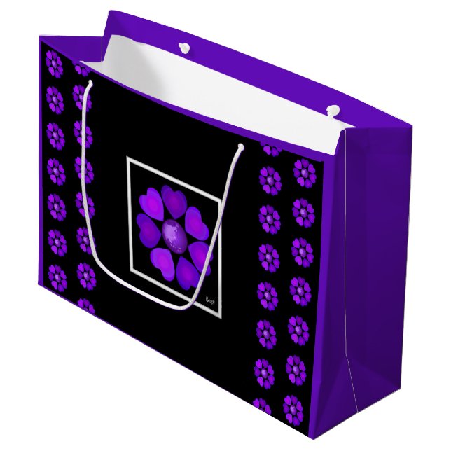 B&W Purple Hearts Beating Large Gift Bag (Front Angled)